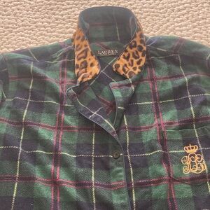 Ralph Lauren Plaid Night Shirt Womens 2x Green Navy Leopard Printed Collar Crest